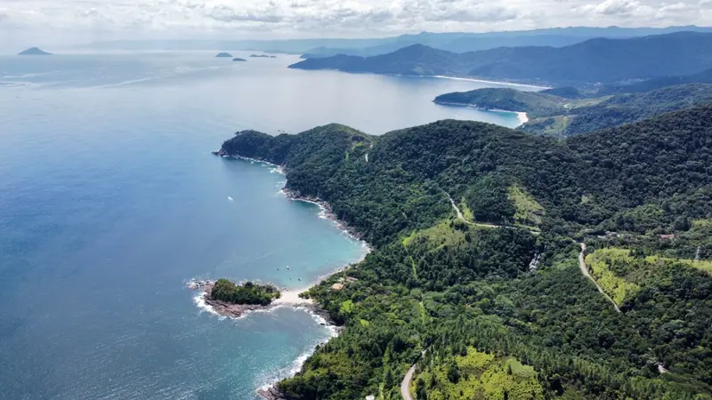 Calhetas escondida entre os costões da Costa Sul, com a Rio-Santos na mata e Toque-Toque Pequeno ao fundo