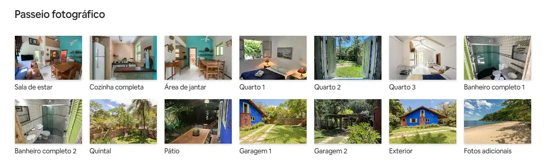 Ambientes da Casa 1 Praia: sala, cozinha, quartos, banheiros, quintal e garagem