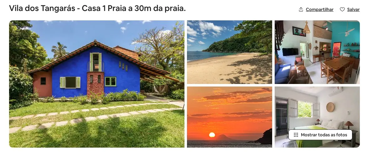 Anúncio da Casa 1 Praia, a 30 metros da praia, com fachada azul, pôr do sol e quartos
