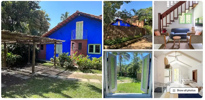 Casa 1 Praia da Vila dos Tangarás: fachada azul, jardim, quartos e sala