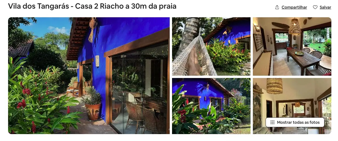 Anúncio da Casa 2 Riacho, a 30 metros da praia, com fachada azul, varanda e sala de jantar