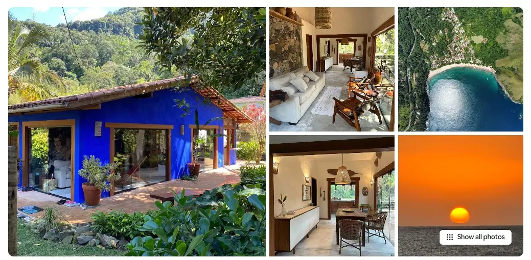Casa 2 Riacho: fachada azul no jardim, sala, vista aérea da praia e pôr do sol