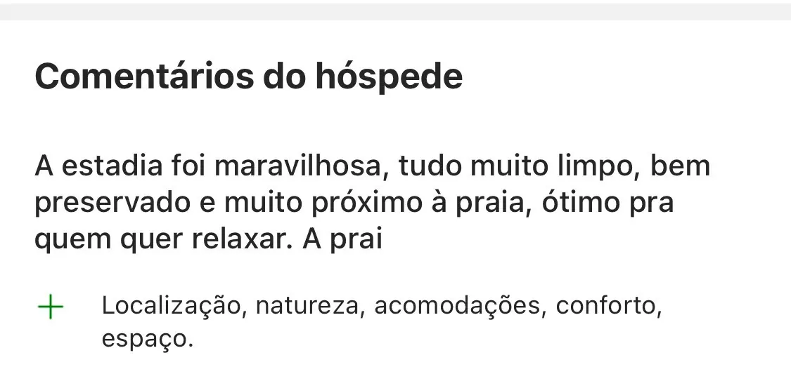Comentário de hóspede: estadia maravilhosa, tudo muito limpo e perto da praia