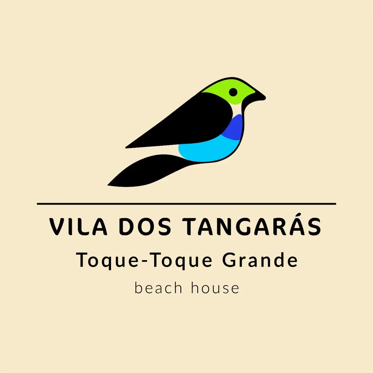 Logotipo da Vila dos Tangarás, com o tangará em preto, verde e azul
