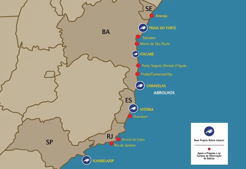 Mapa da área de atuação do Projeto Baleia Jubarte na costa brasileira, até Ilhabela
