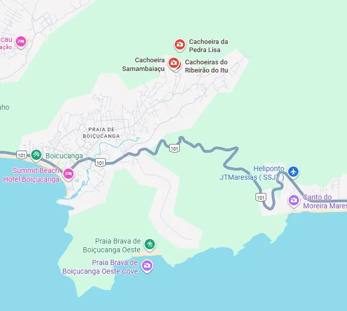Mapa das cachoeiras da Pedra Lisa, Samambaiaçu e Ribeirão do Itu, em Boiçucanga