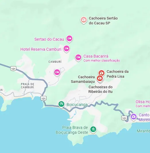 Mapa das cachoeiras de Camburi: Sertão do Cacau, Samambaiaçu, Pedra Lisa e Ribeirão do Itu
