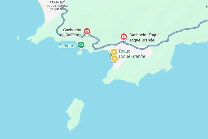 Mapa com a Cachoeira de Toque-Toque Grande e a Cachoeira de Calhetas, perto da praia