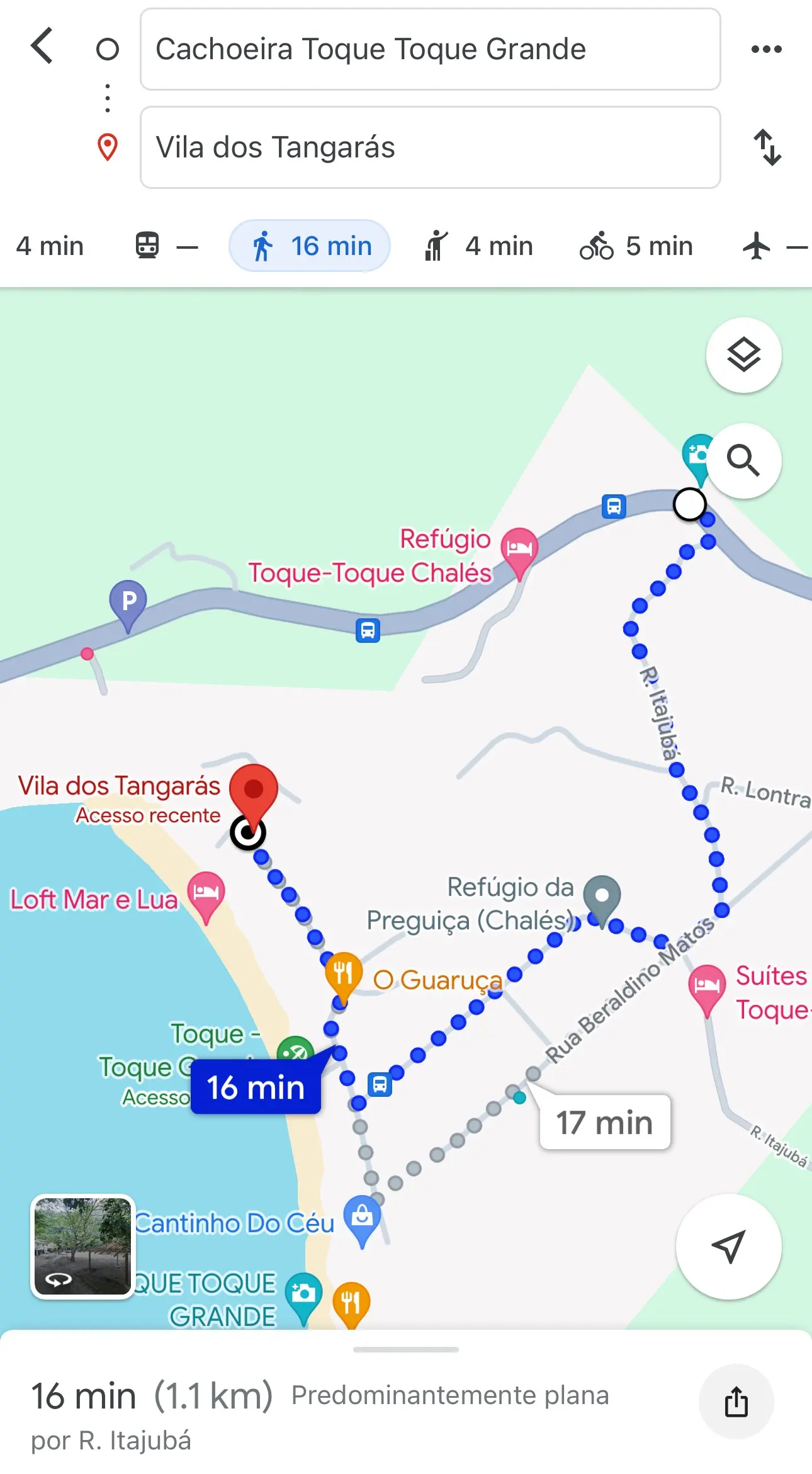 Mapa da caminhada de 16 minutos (1,1 km) entre a Cachoeira de Toque-Toque Grande e a Vila dos Tangarás