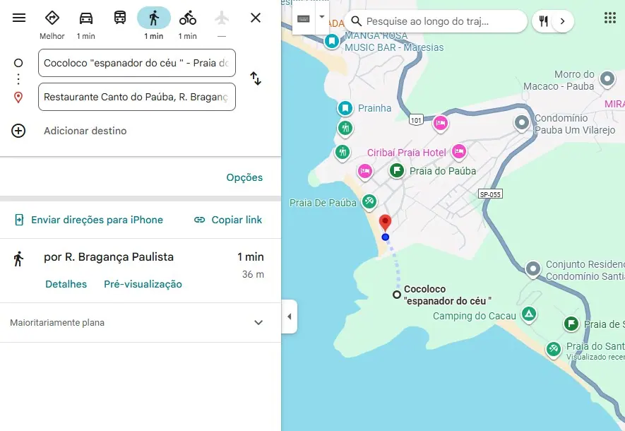 Mapa da caminhada até o Restaurante Canto do Paúba, na Praia de Paúba