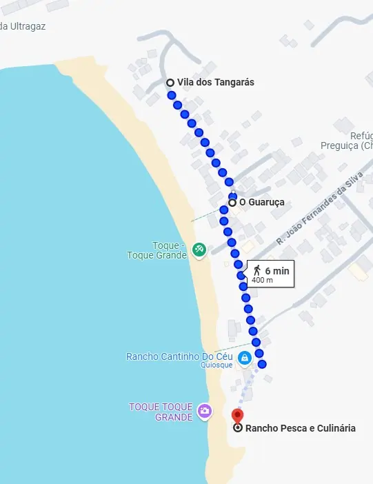 Mapa da caminhada de 6 minutos entre a Vila dos Tangarás e o Rancho Pesca e Culinária, pela praia de Toque-Toque Grande