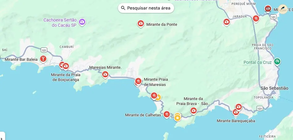 Mapa dos mirantes de São Sebastião, de Boiçucanga a Barequeçaba