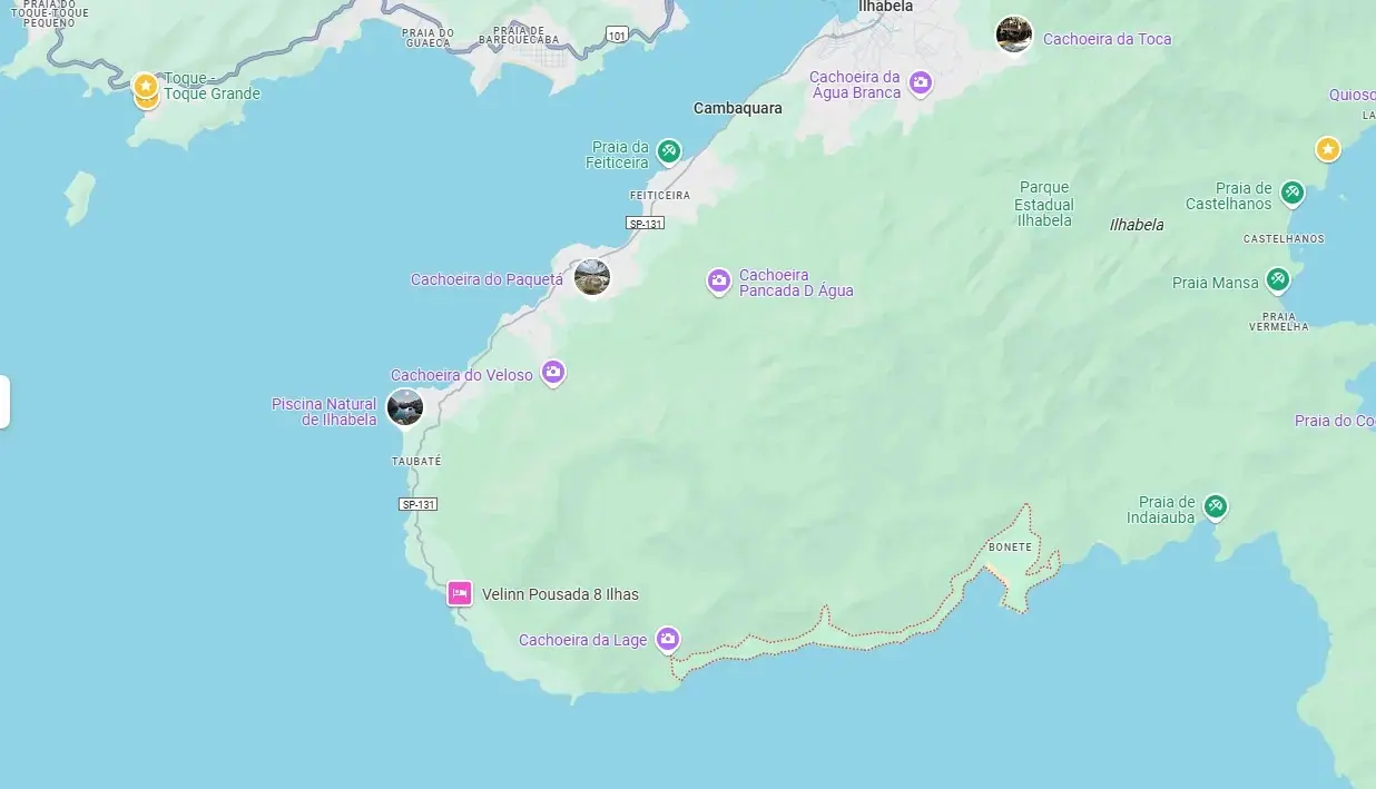 Mapa do sul de Ilhabela com a Praia do Bonete e as cachoeiras do caminho