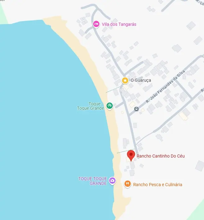 Mapa de Toque-Toque Grande com o Rancho Cantinho do Céu, o quiosque O Guaruçá e o Rancho Pesca e Culinária