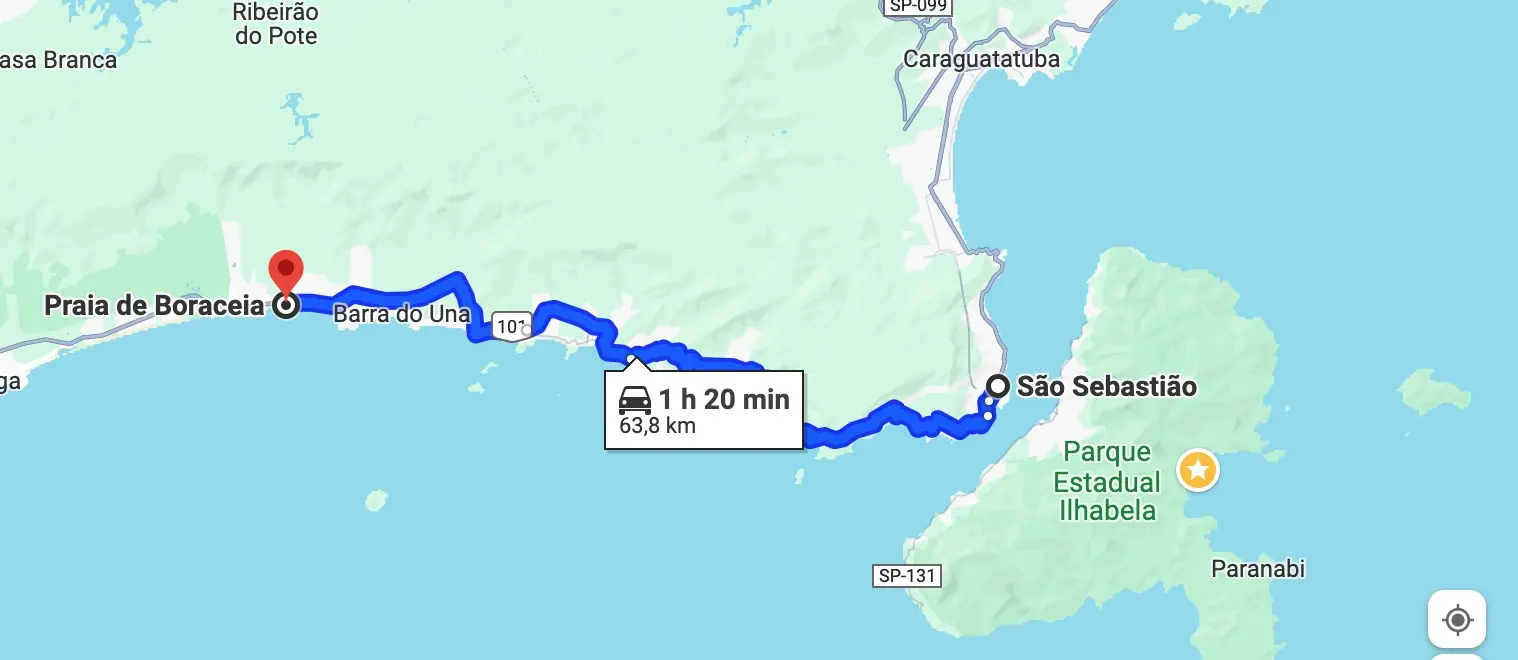 Mapa da rota de carro de 1h20 entre Boracéia e o centro de São Sebastião