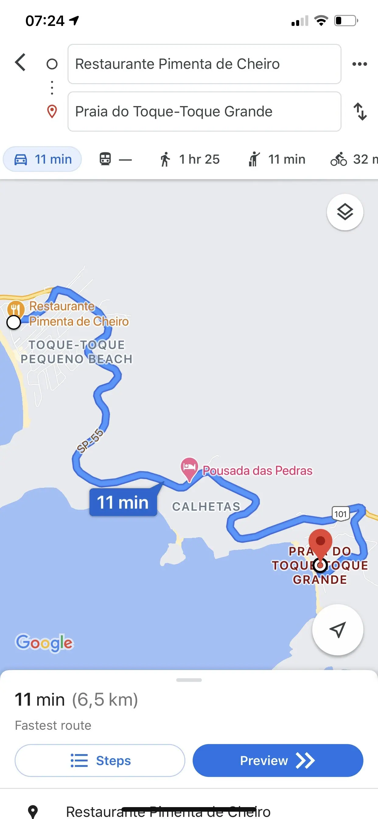 Mapa da rota de 11 minutos (6,5 km) entre o restaurante Pimenta de Cheiro, em Toque-Toque Pequeno, e a praia de Toque-Toque Grande