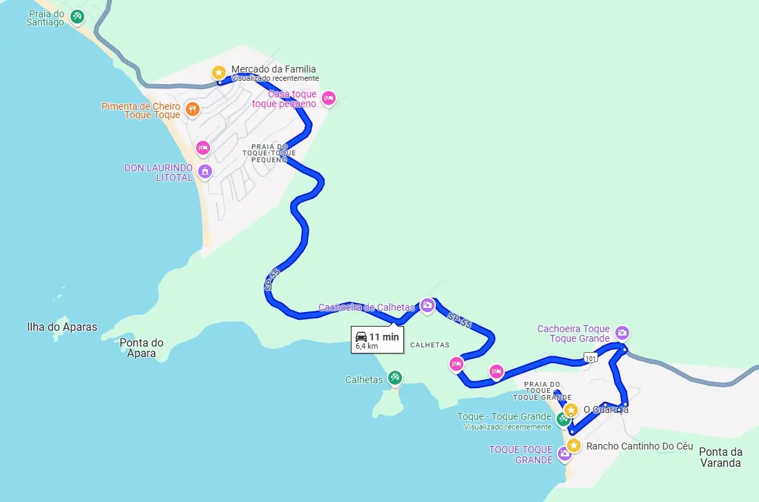 Mapa da rota de carro de 11 minutos entre Toque-Toque Grande e o Mercado da Família, em Toque-Toque Pequeno