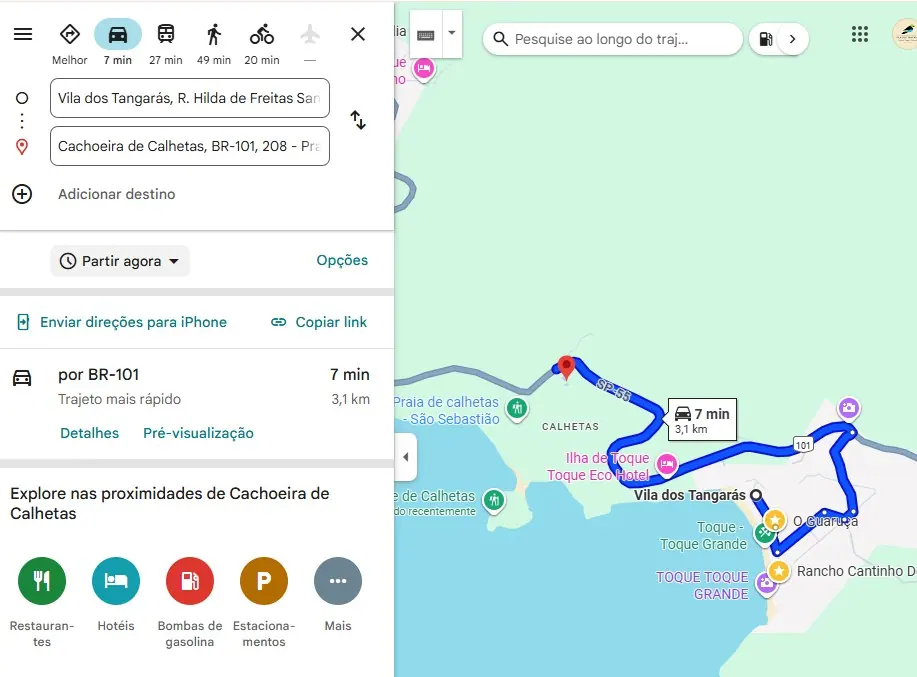 Mapa da rota de 7 minutos de carro entre a Vila dos Tangarás e a Cachoeira de Calhetas