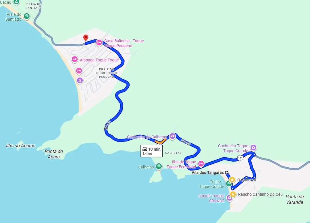 Mapa da rota de carro de 10 minutos entre a Vila dos Tangarás e Toque-Toque Pequeno, passando por Calhetas