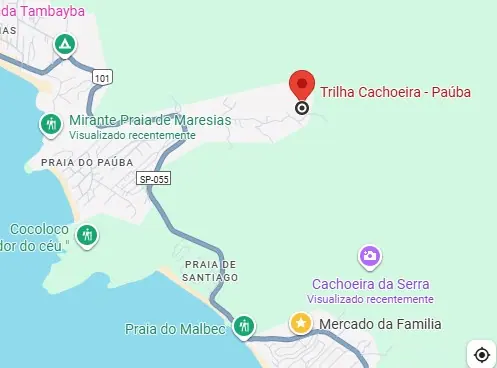 Mapa da Trilha da Cachoeira de Paúba, com o Mirante da Praia de Maresias e a Praia de Santiago