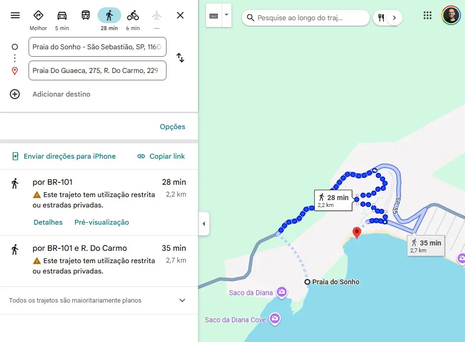 Mapa da trilha a pé de 28 minutos entre a Praia do Sonho e a Praia de Guaecá
