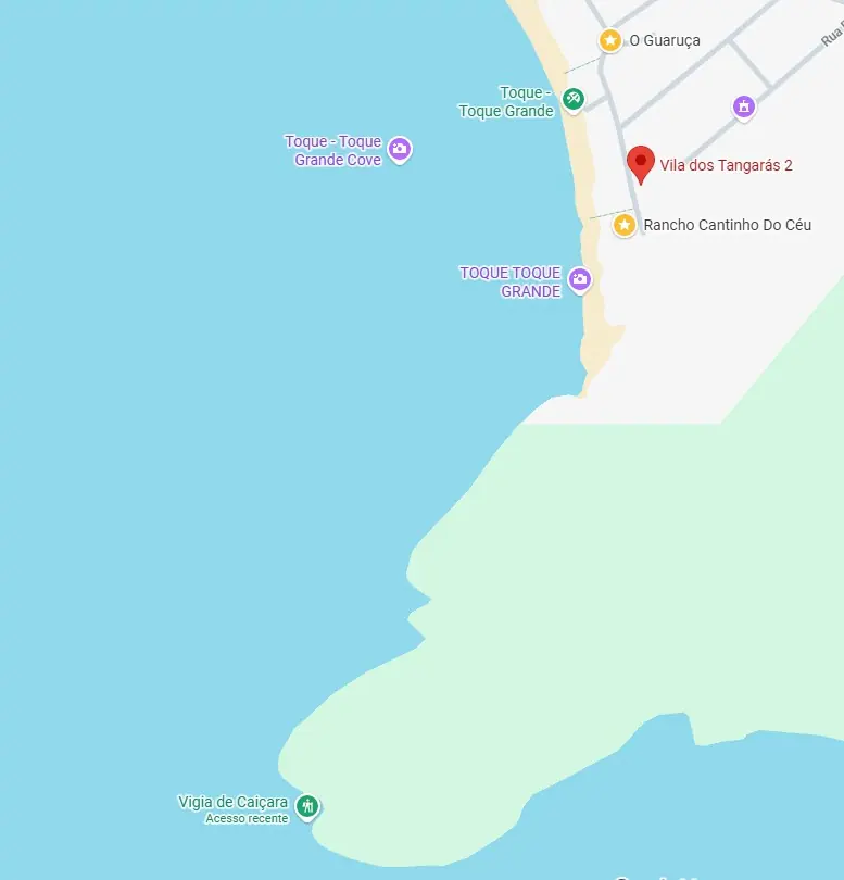 Mapa de Toque-Toque Grande com a Vila dos Tangarás, o Rancho Cantinho do Céu e a trilha da Vigia do Caiçara