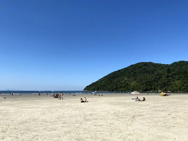 Faixa de areia firme e larga da Praia da Baleia, com o morro de Mata Atlântica ao fundo