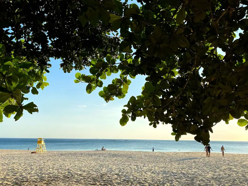 Praia de Toque-Toque Pequeno vista da sombra das árvores, com o posto de guarda-vidas