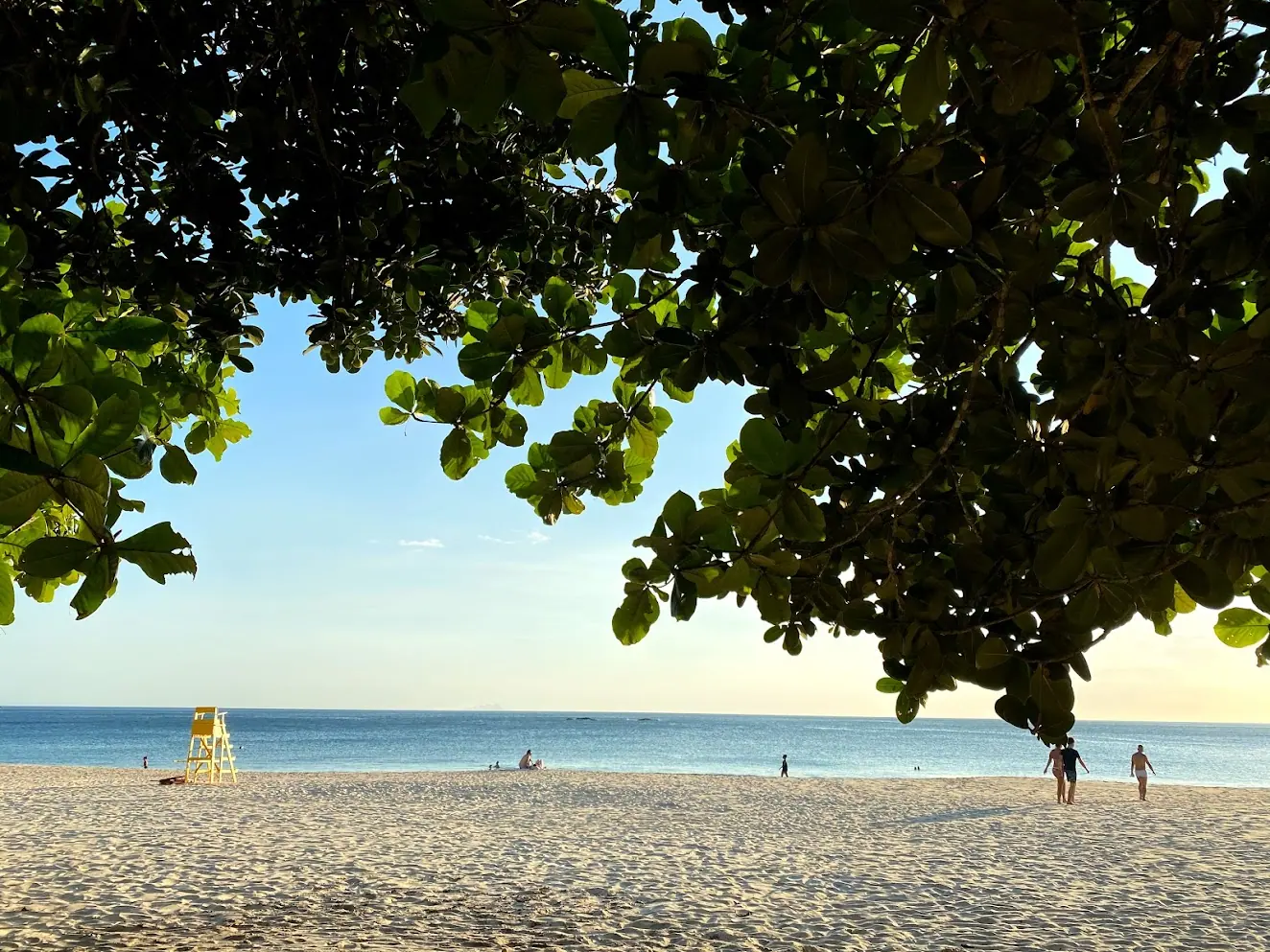 Praia de Toque-Toque Pequeno vista da sombra das árvores, com o posto de guarda-vidas