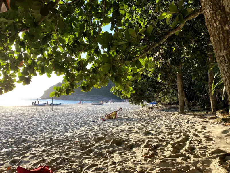Areia da Praia de Santiago à sombra das árvores, com barcos e o morro ao fundo