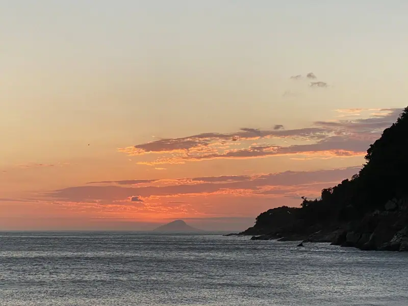 Costão coberto de Mata Atlântica em Toque-Toque Grande ao entardecer, com uma ilha cônica no horizonte