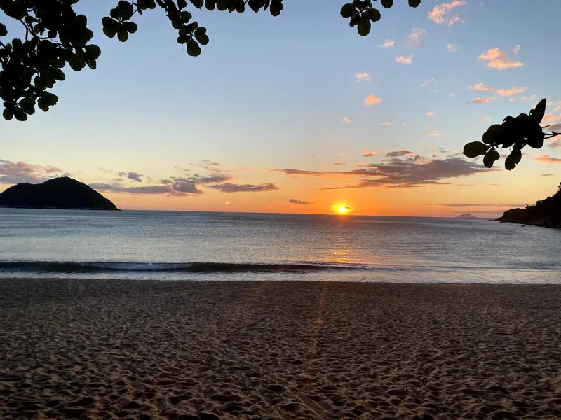 Sol se pondo no mar de Toque-Toque Grande, visto da areia à sombra de uma árvore, com a ilha à esquerda